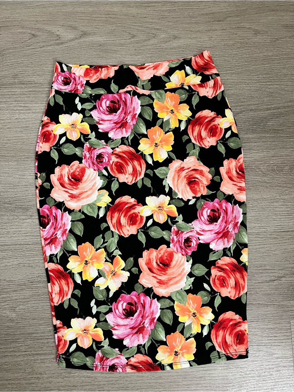 Vibe Floral Pencil Skirt in Black with Pink & Yellow Blooms Large